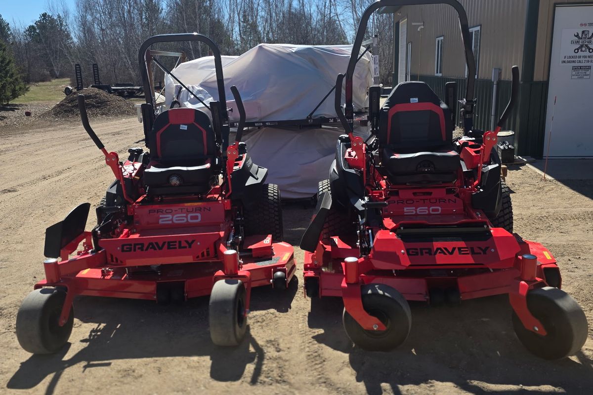 Gravely Pro-Turn 260 and Pro-Turn 560 outside Evans Repair in Pequot Lakes, MN